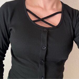 Black Lolita Goth Criss Cross Button Up Top Size Small